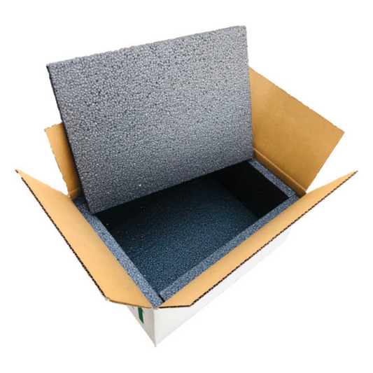 Open cardboard box with blue foam padding on a white background