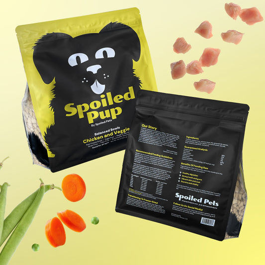 Dog food packaging with 'Spoiled Pup' branding on a yellow background