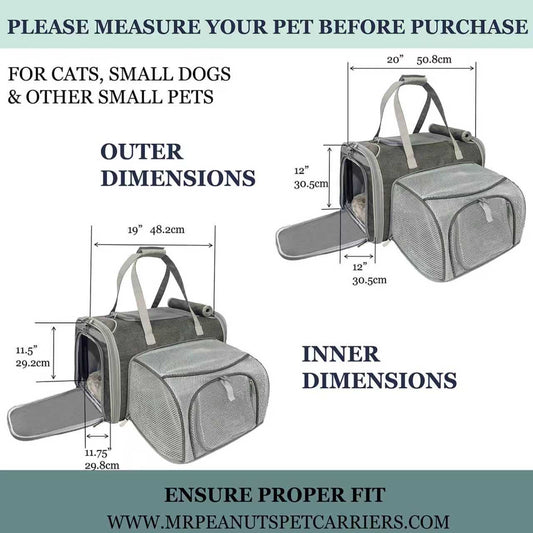 Pet carrier with dimensions labeled for cats, small dogs, and other small pets.