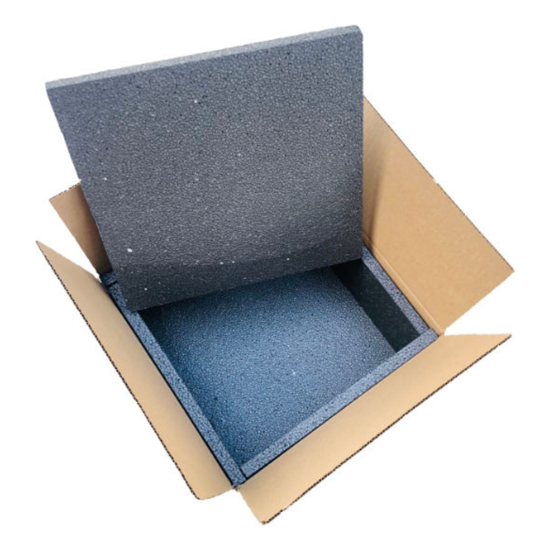 Cardboard box with blue foam padding on a white background