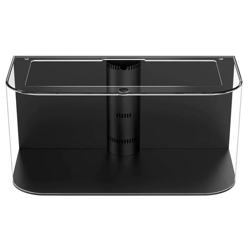 Black aquarium stand with clear front panel on a white background