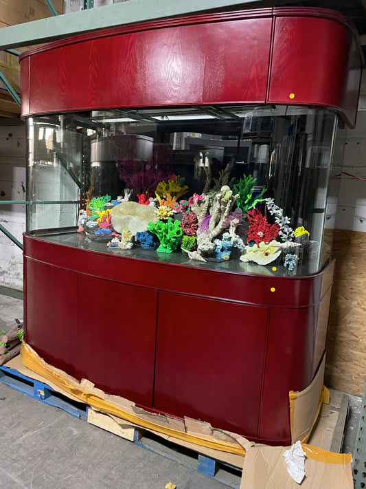 Red aquarium with colorful fish and decorations on a pallet.