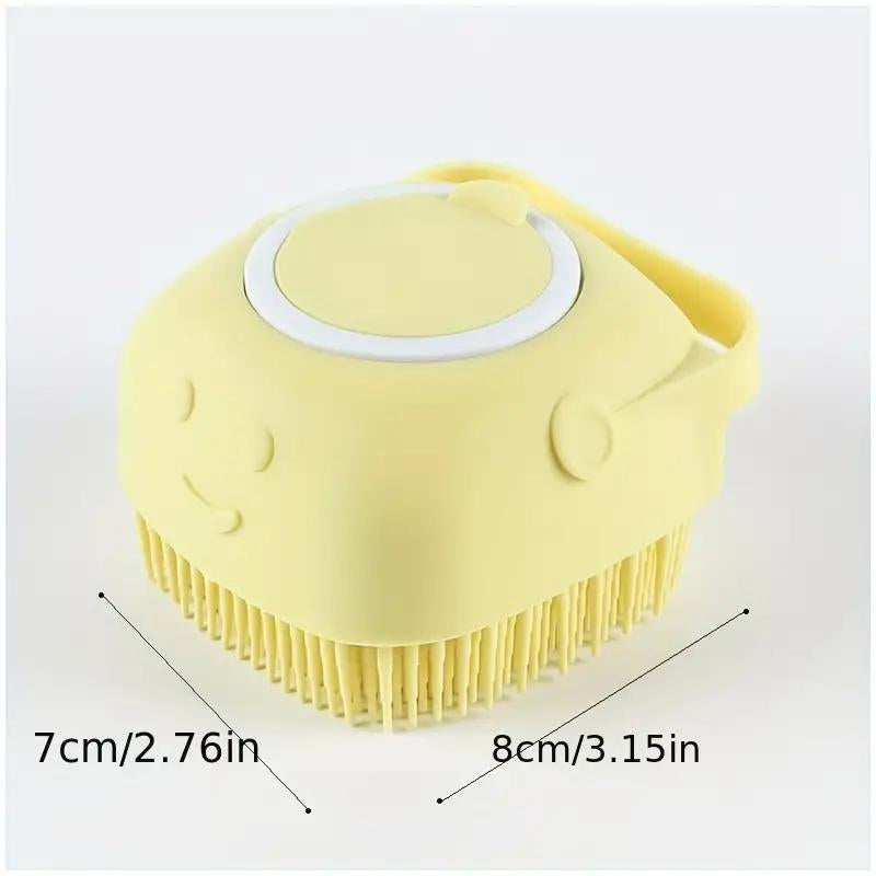 Yellow silicone scrubber with dimensions on a white background.
