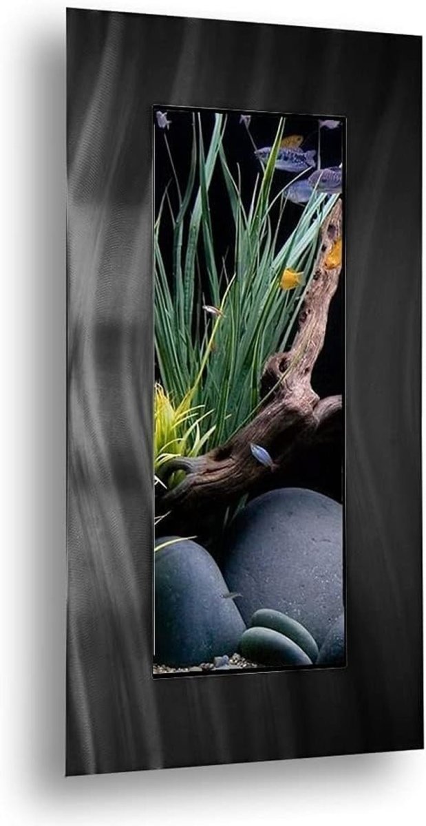 Decorative wall art with greenery, rocks, and a black frame.