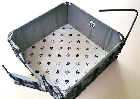 Pet playpen with a paw print mat on a white background