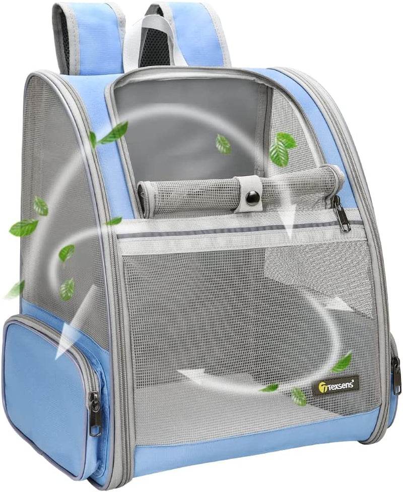 Pet carrier backpack with blue exterior and transparent front panel on a white background