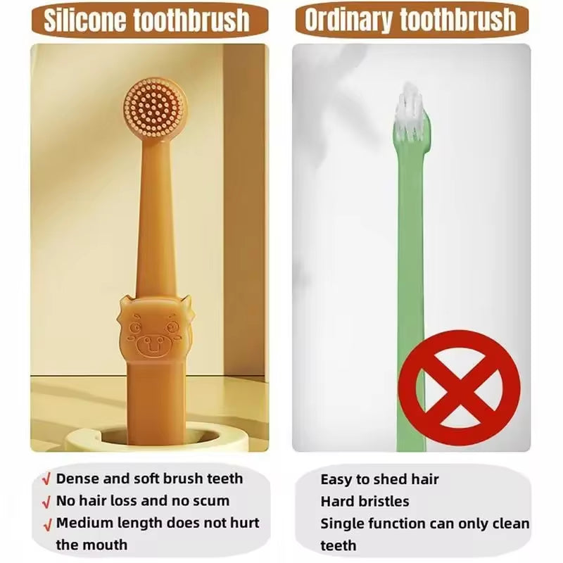 Comparison of silicone toothbrush and ordinary toothbrush with text describing their features.