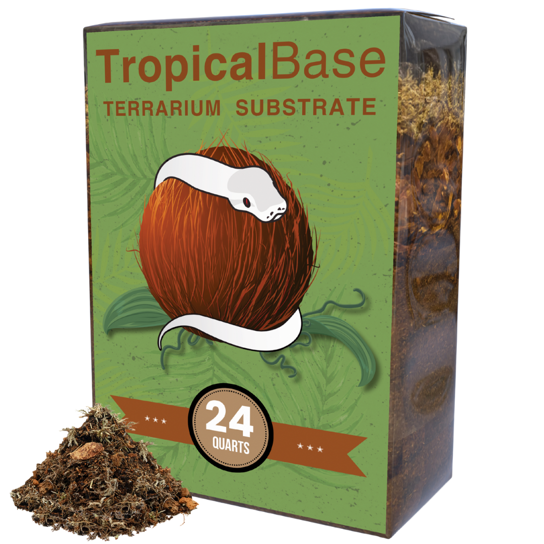 TropicalBase terrarium substrate packaging with a coconut illustration and text.