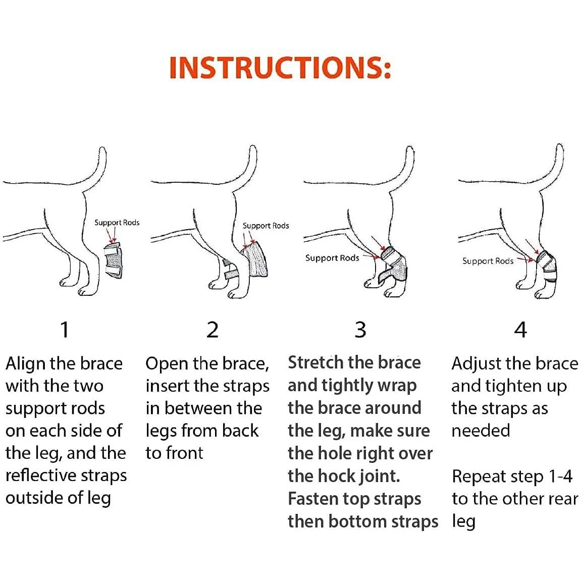 Instructions for using a dog leg brace with illustrations and text on a white background