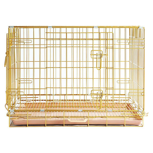 Gold metal pet crate on a white background
