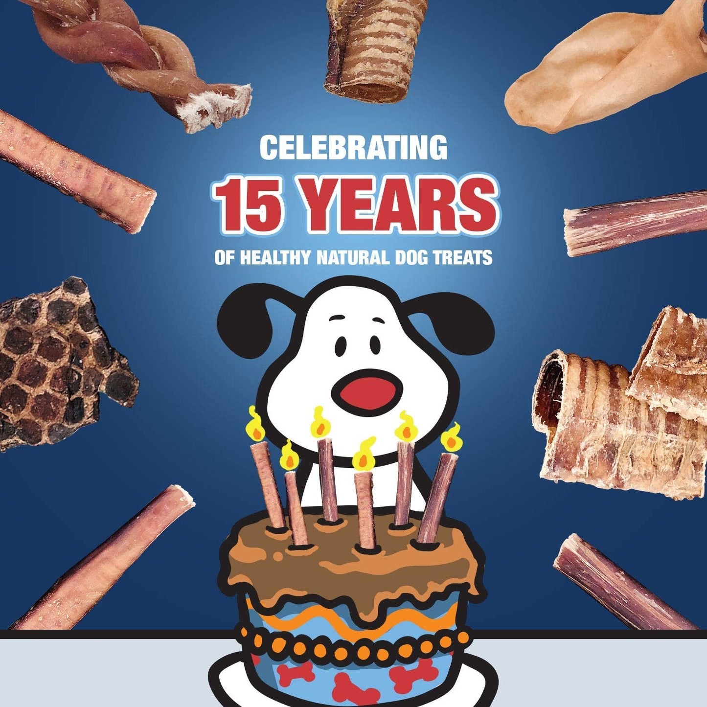 Dog treats with a cartoon dog and birthday cake, celebrating 15 years of healthy natural dog treats.