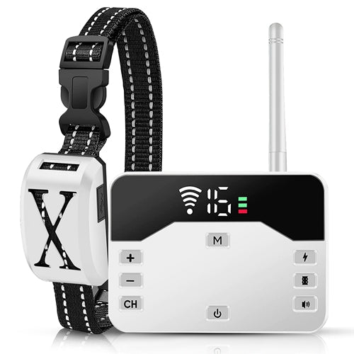 Dog training collar with digital display and antenna on a white background