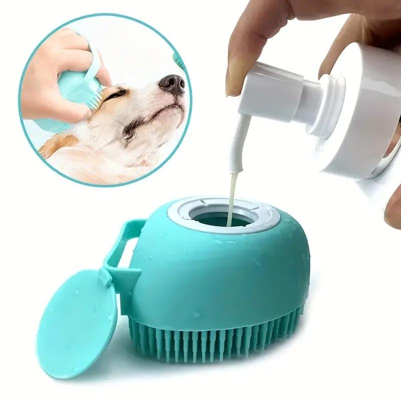 Pet grooming tool with a close-up of a dog being groomed.