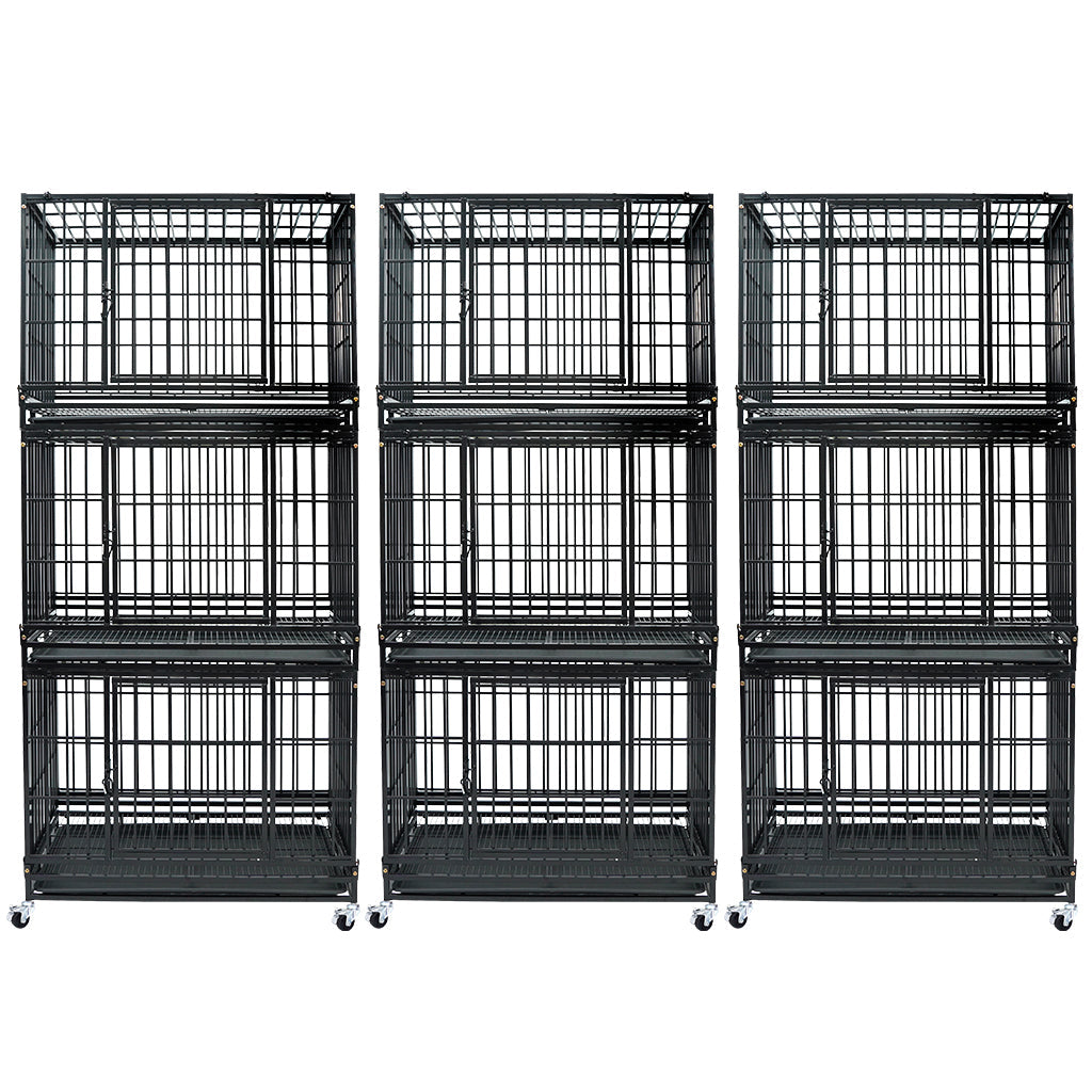 Set of six black metal dog crates stacked on a white background