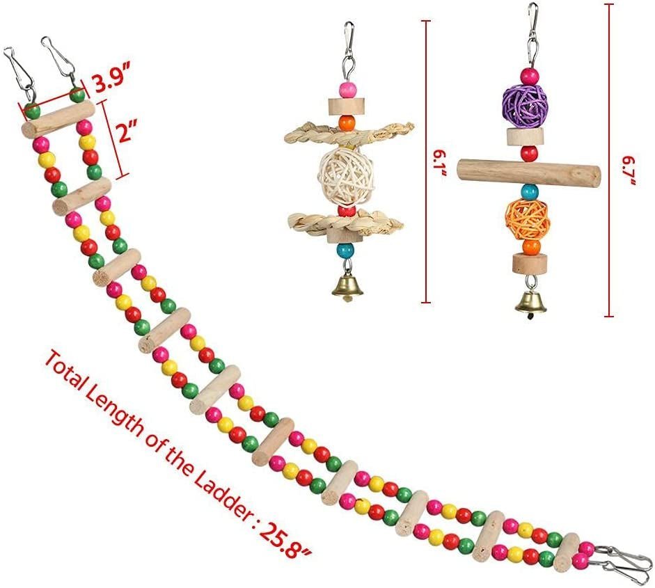 Bird toy set with colorful ladder, beads, and wooden toys with measurements on a white background
