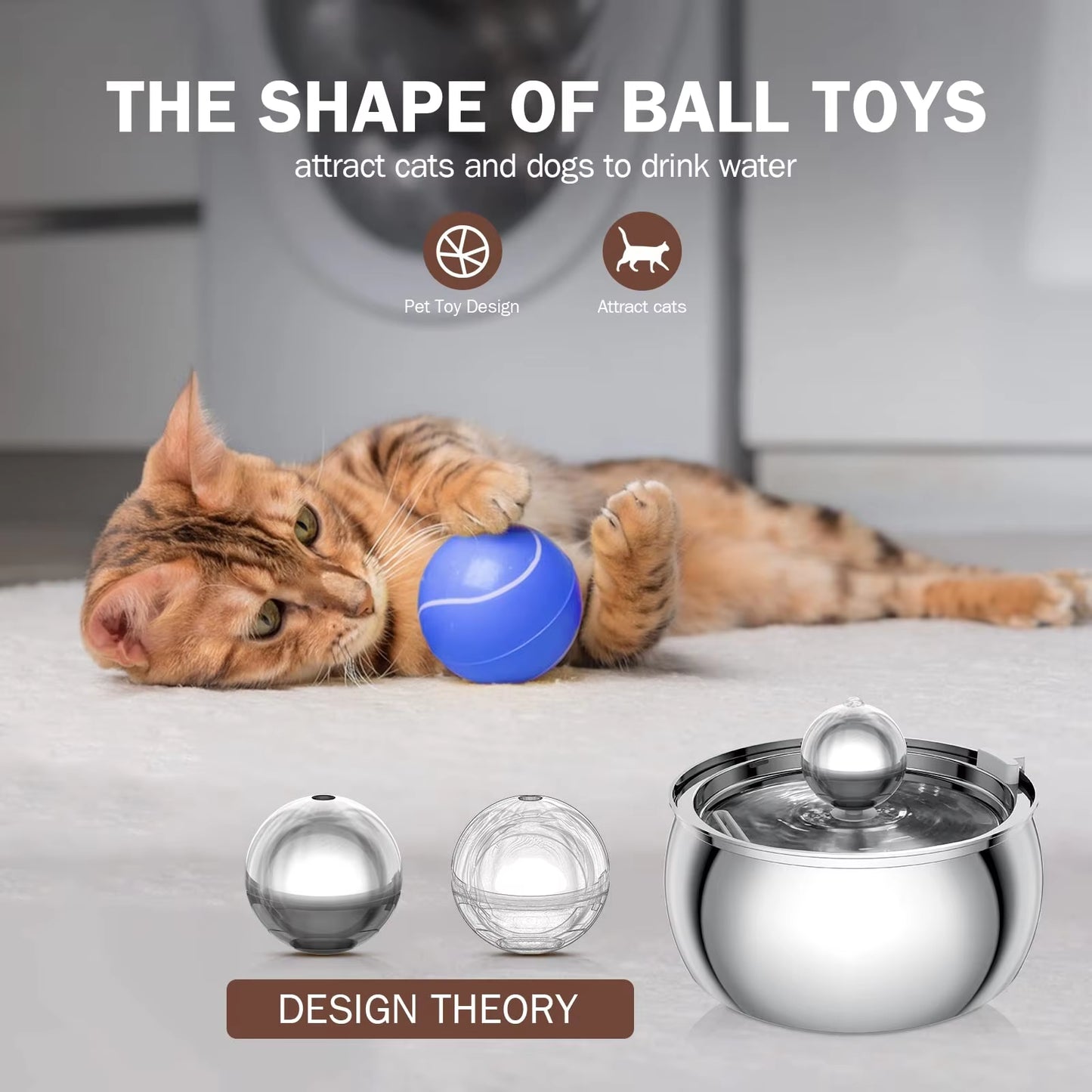 Cat playing with a blue ball toy, with text about attracting cats and dogs to drink water.