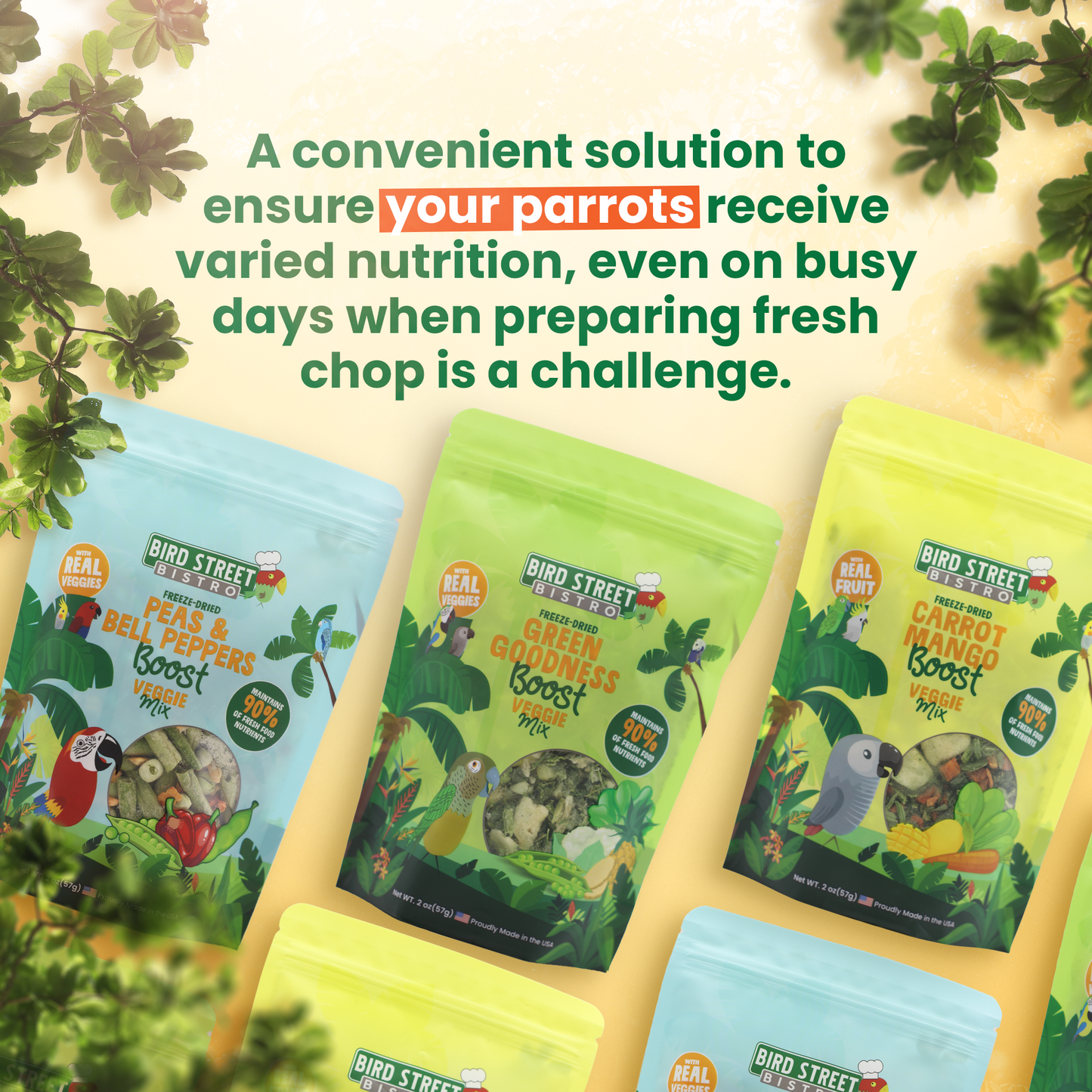 Bird food packages with text about ensuring parrots receive varied nutrition.