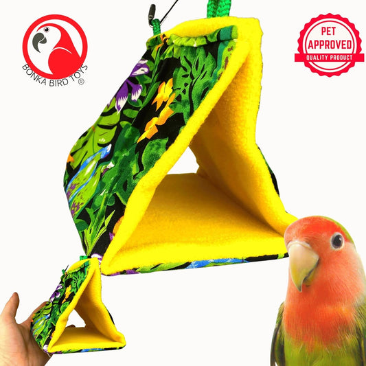 Bird toy with a colorful parrot design and a hand holding it, with a Bonka Bird Toys logo and 'Pet Approved' label.