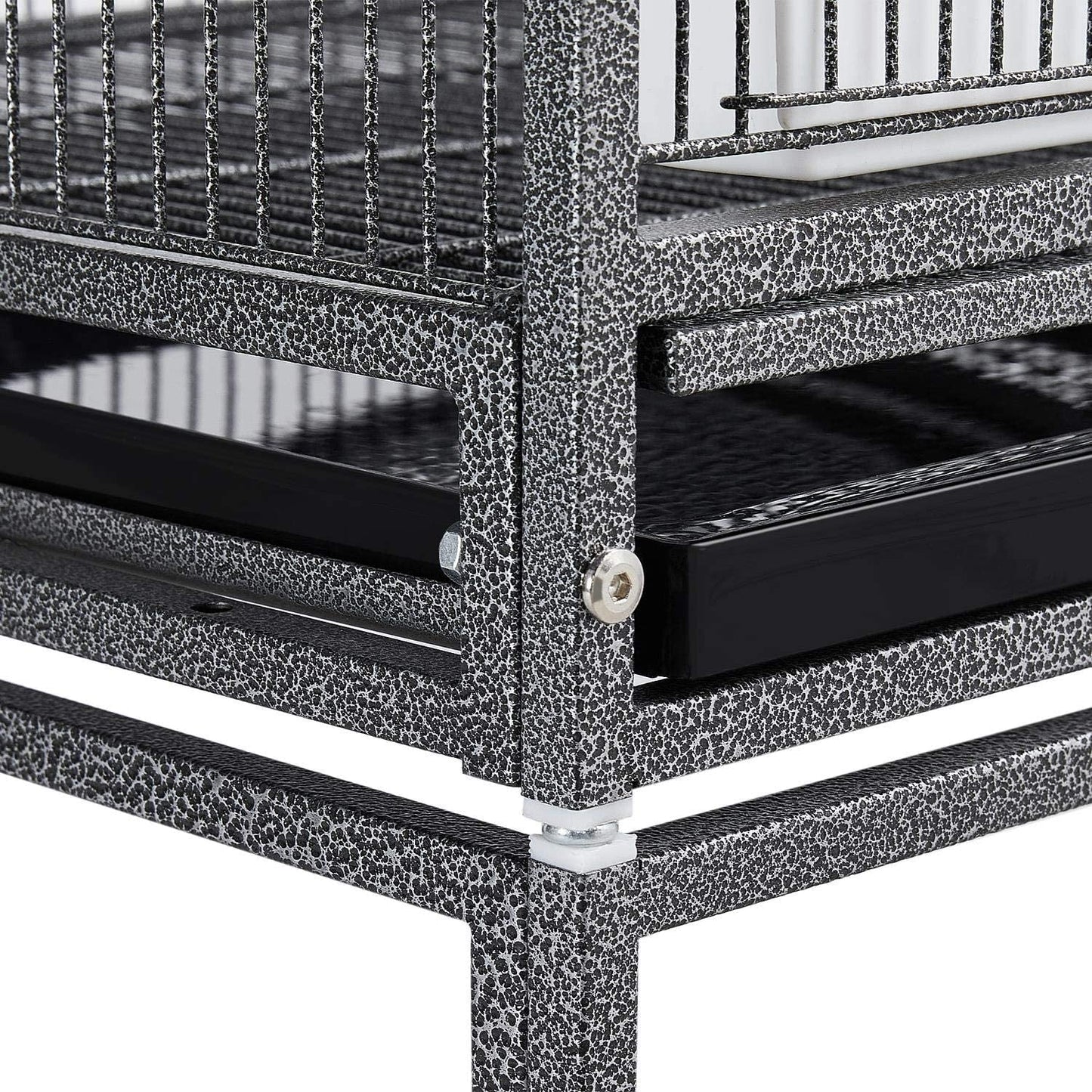 Close-up of a metal shelving unit with black shelves on a white background