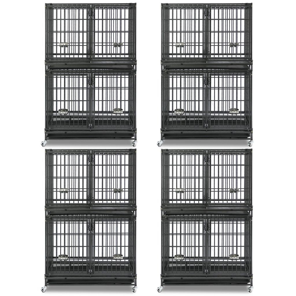 Set of six black metal dog crates stacked on a white background