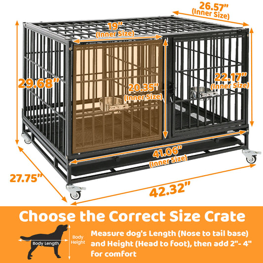 Dog crate with dimensions labeled on an orange background