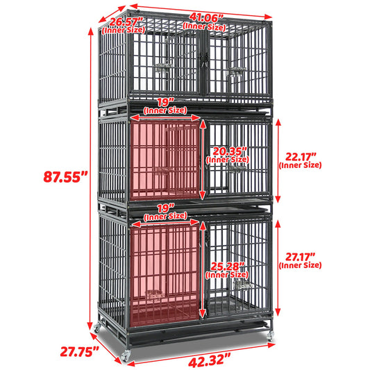 Stack of metal cages with dimensions labeled on a white background