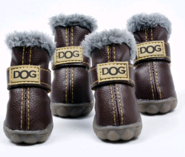 Set of four brown dog boots with gray fur lining and 'DOG' label on a white background