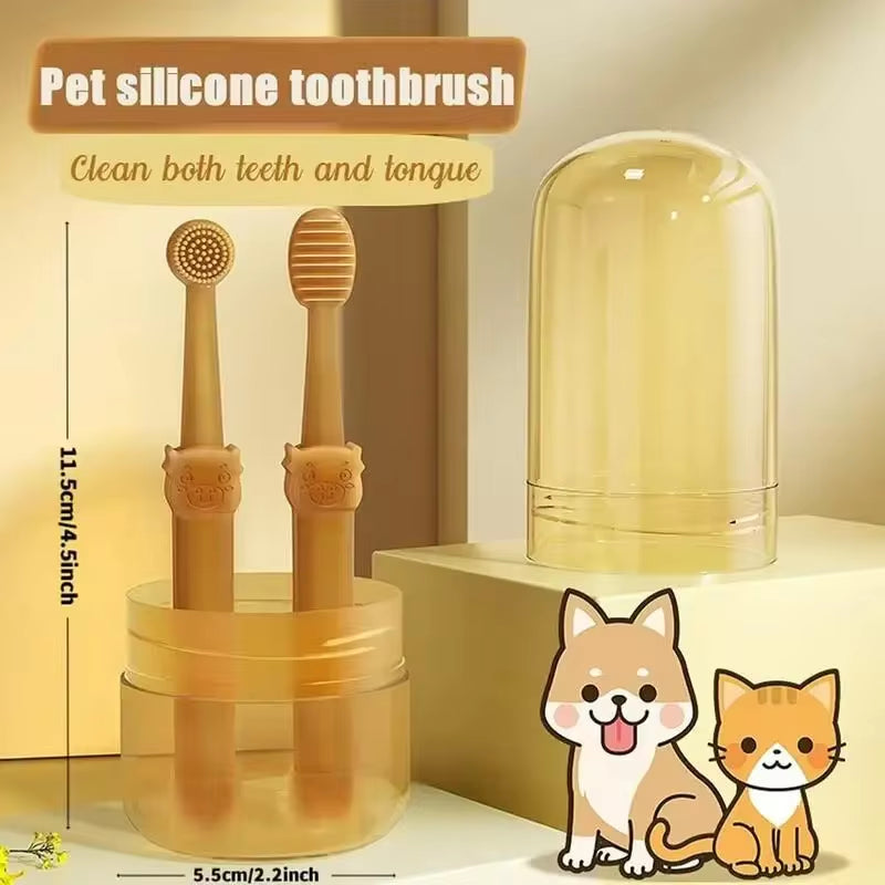 Pet silicone toothbrush set with a transparent holder on a beige background, featuring cartoon animals.
