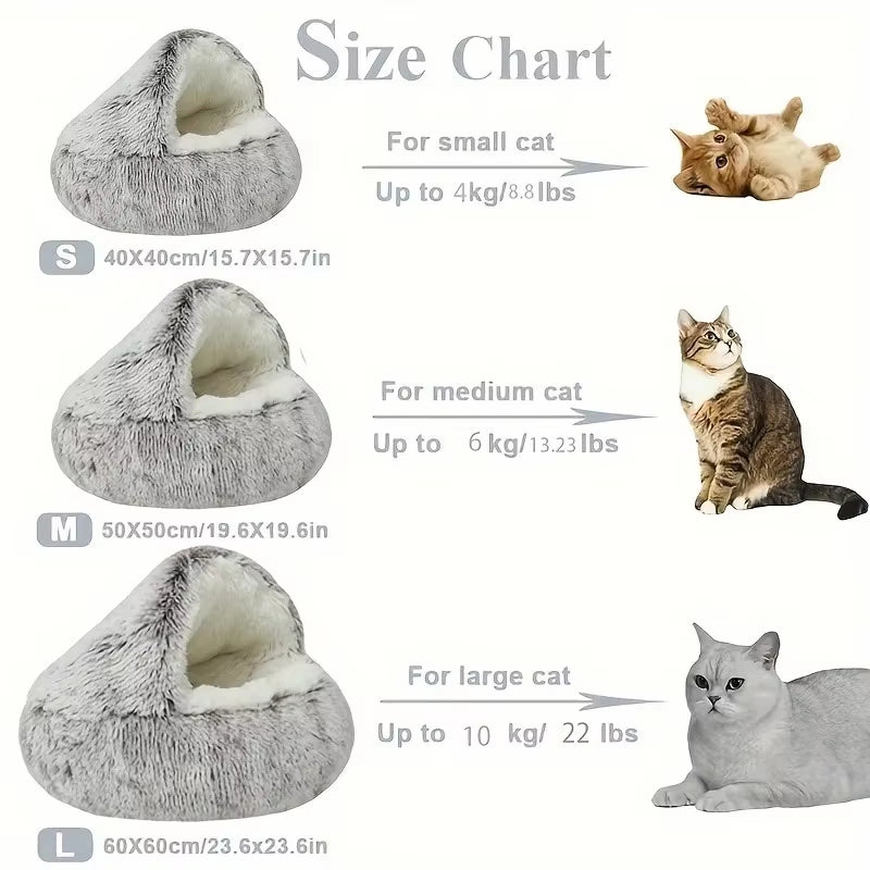 Size chart for cat beds with illustrations of three cats and size dimensions.