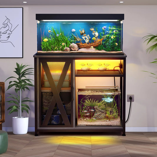 Fish tank with decorative elements on a wooden stand in a room setting.