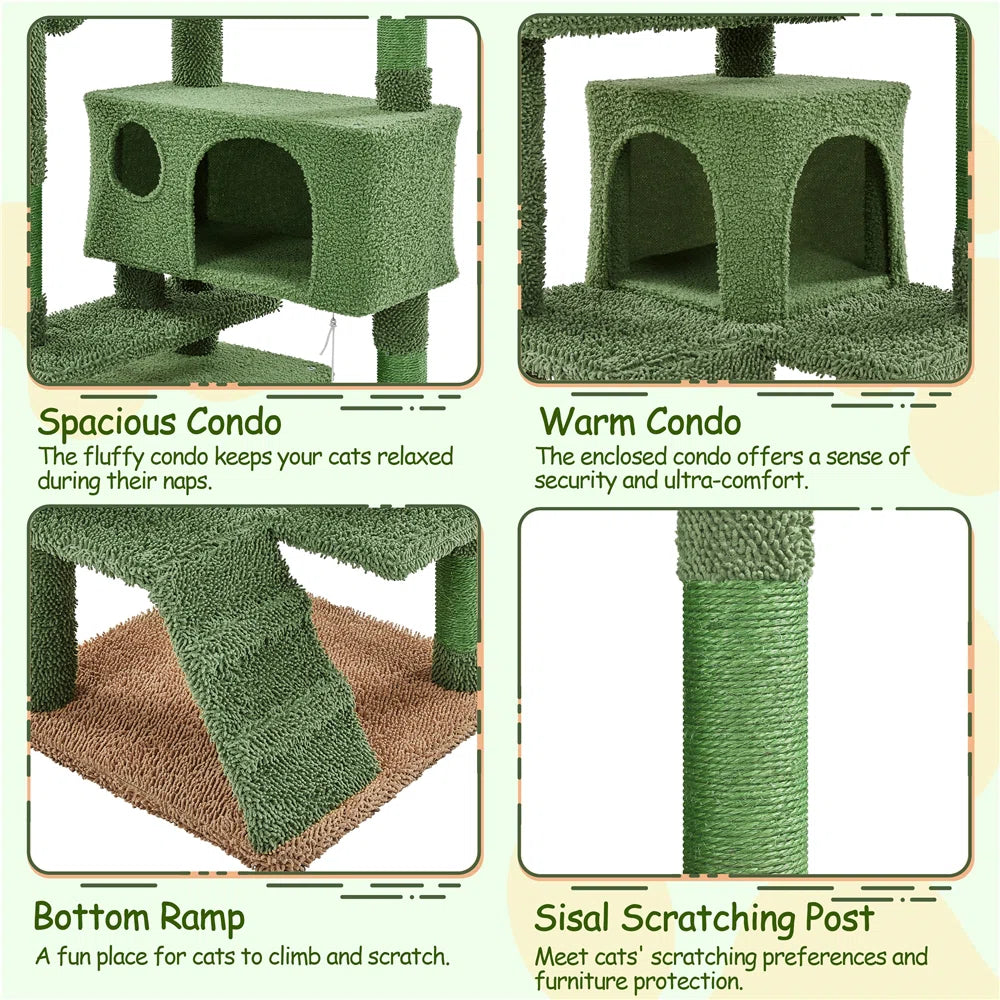 Cat condo with scratching post and ramp, featuring text on features.