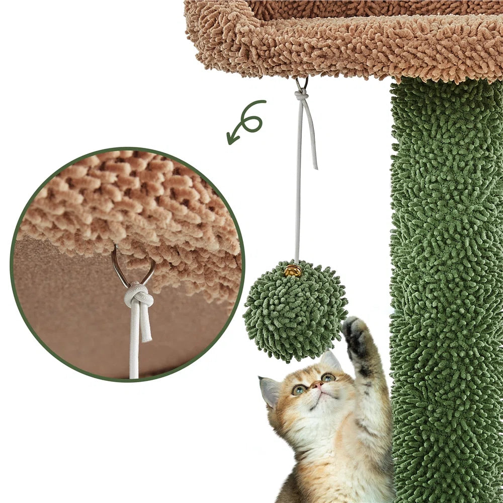 Cat playing with a green pom-pom toy attached to a cat tree with a close-up of the knot.