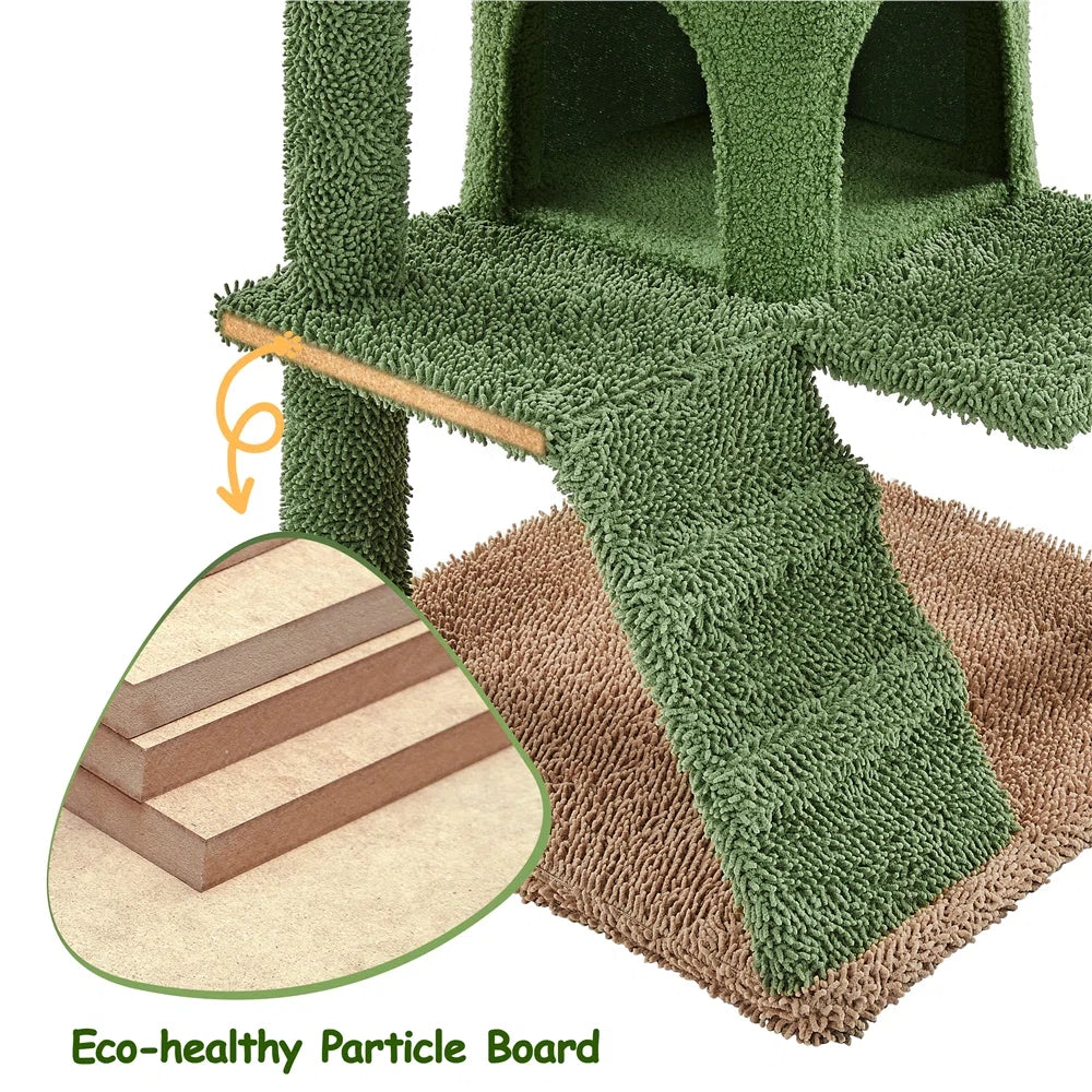Green cat tree with wooden steps and eco-healthy particle board inset on a white background