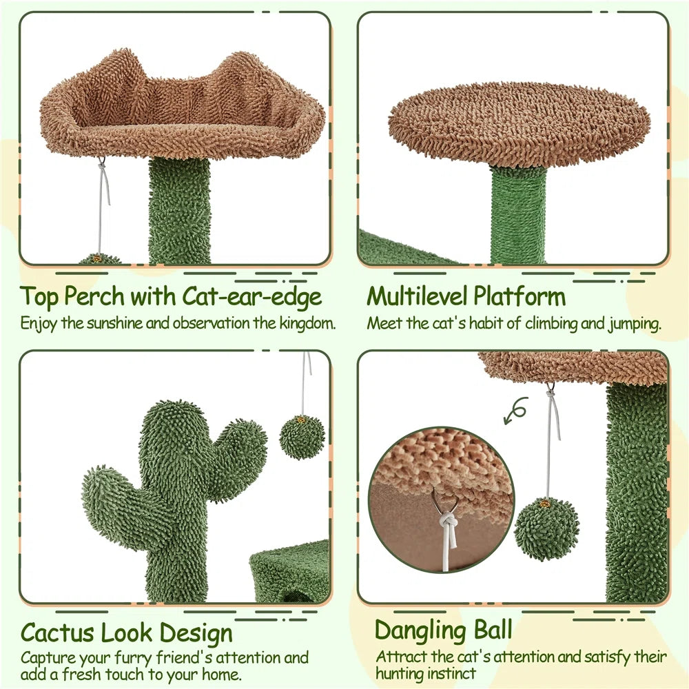 Cat play structure with perches, platform, cactus design, and dangling ball.
