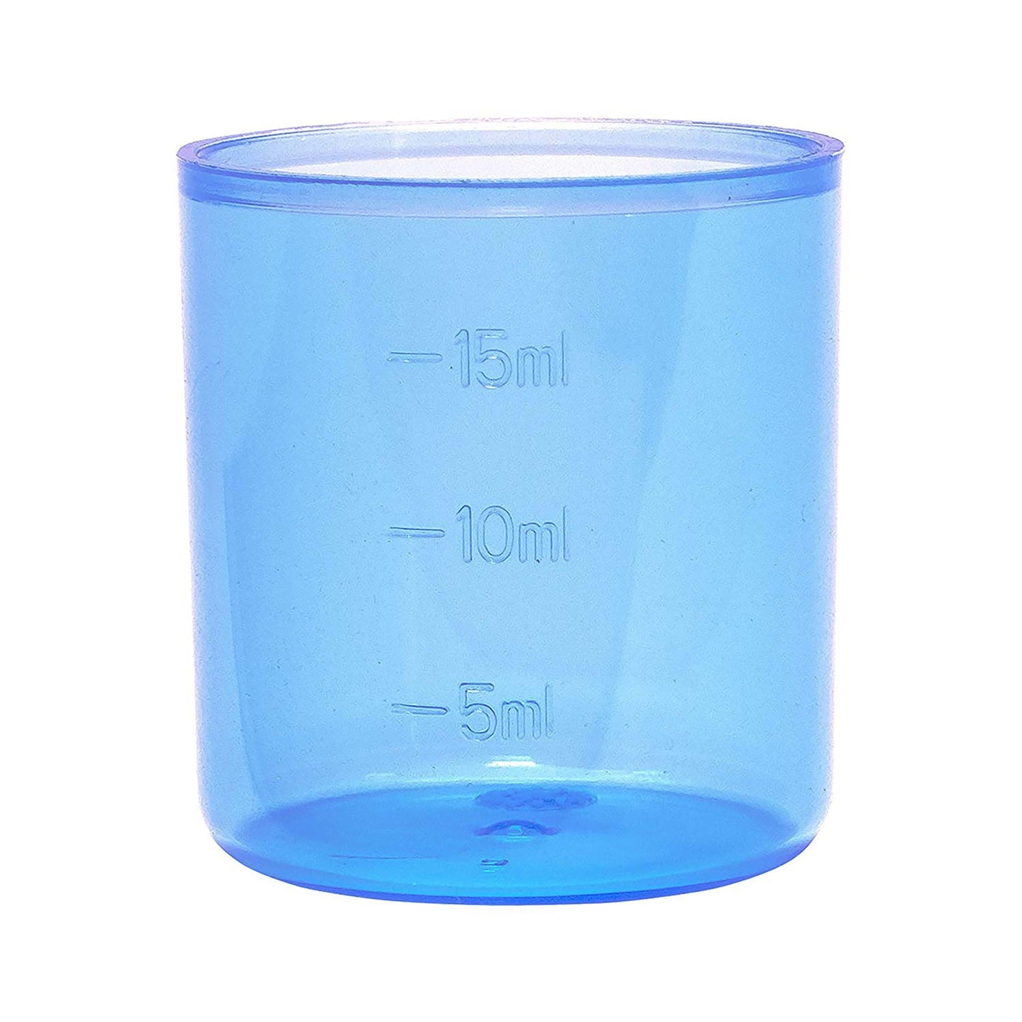 Blue measuring cup with measurement markings on a white background