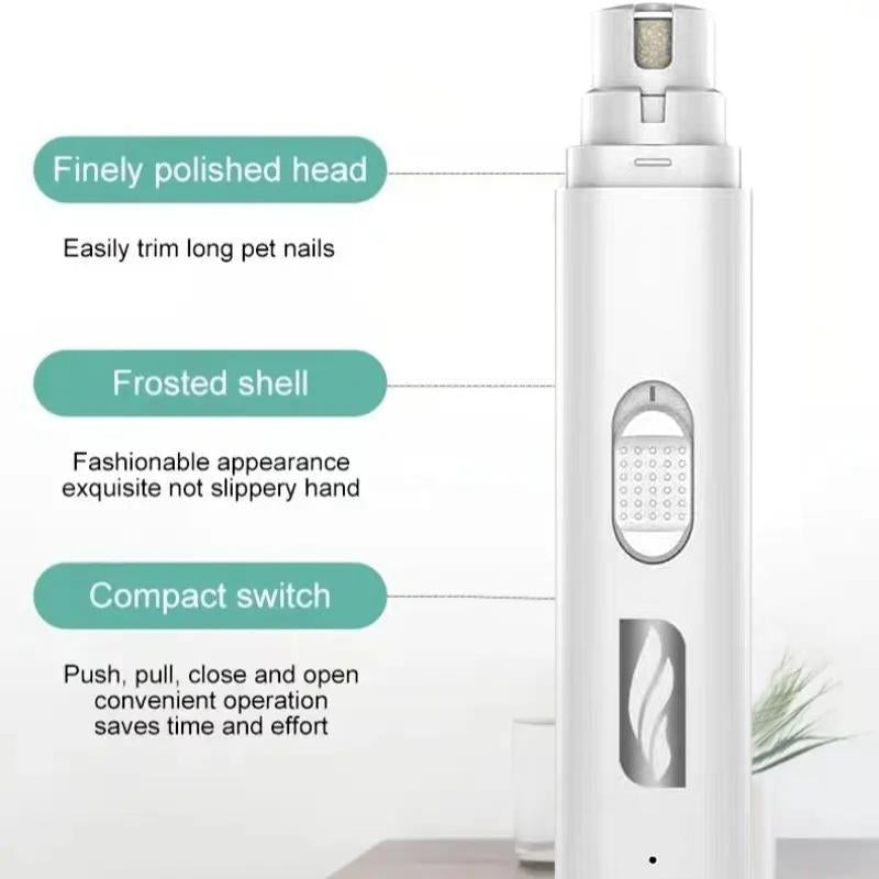 Pet nail trimmer with features listed on a white background.