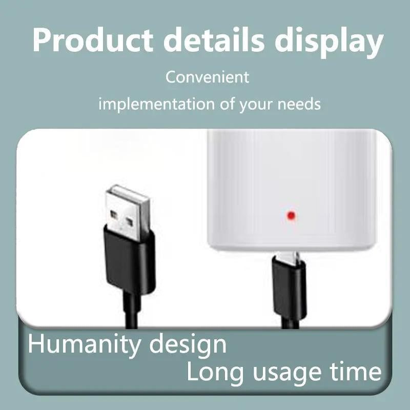 Product details display with USB cable and device on a light blue background.