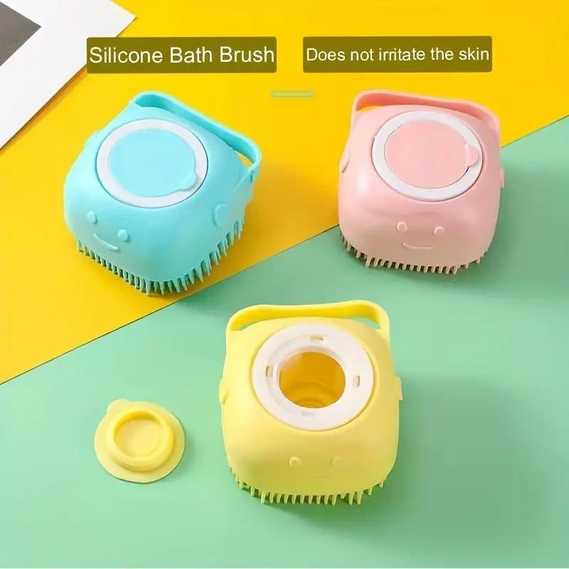 Silicone bath brush set on a colorful background with text indicating it does not irritate the skin.