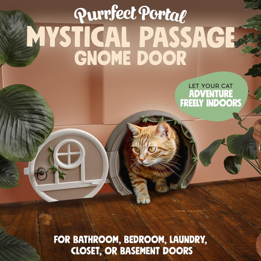 Cat peeking out from a 'Mystical Passage Gnome Door' with promotional text.