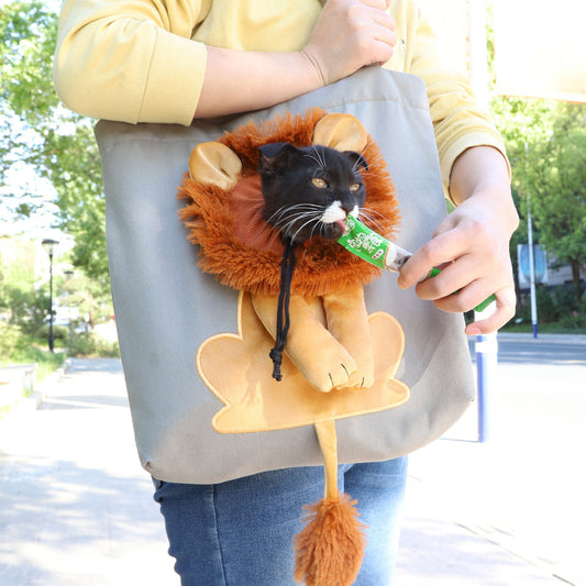 Person holding a tote bag with a lion plush toy attached, outdoors.