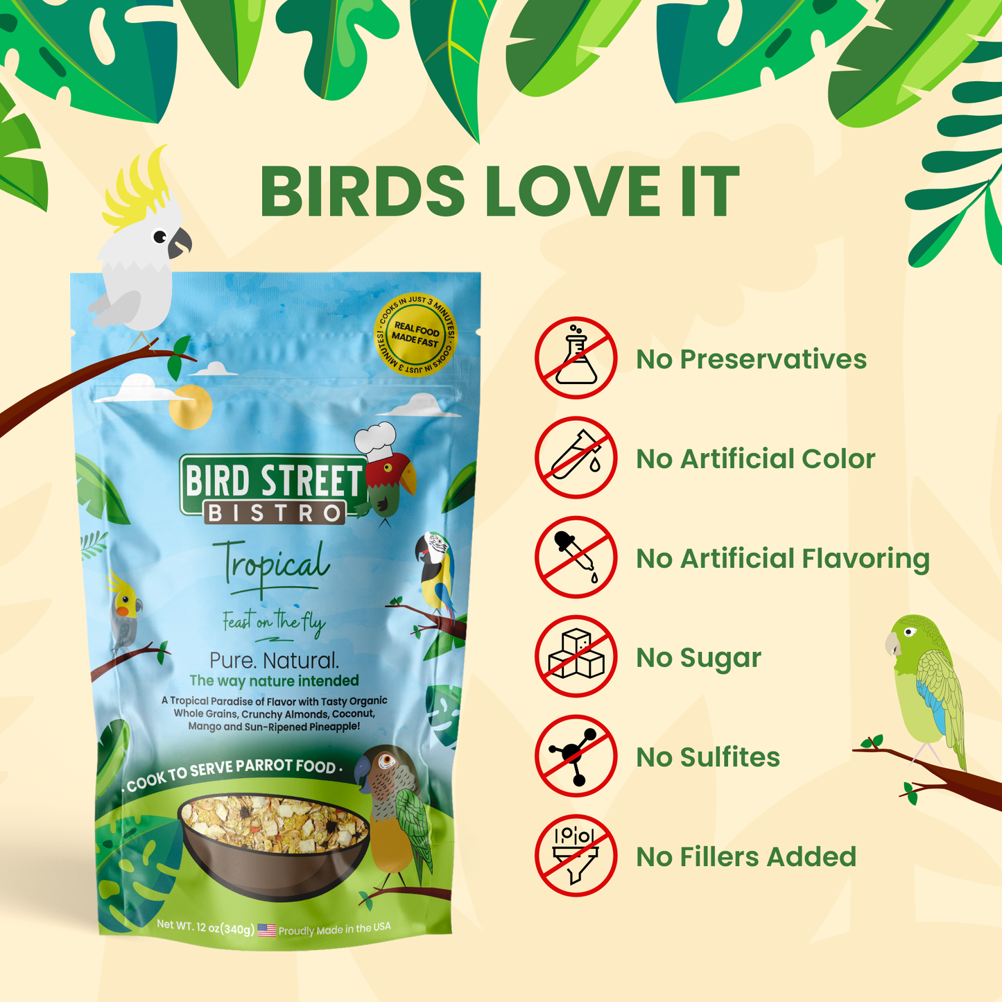 Bird Street Bistro tropical bird food package with leafy green background