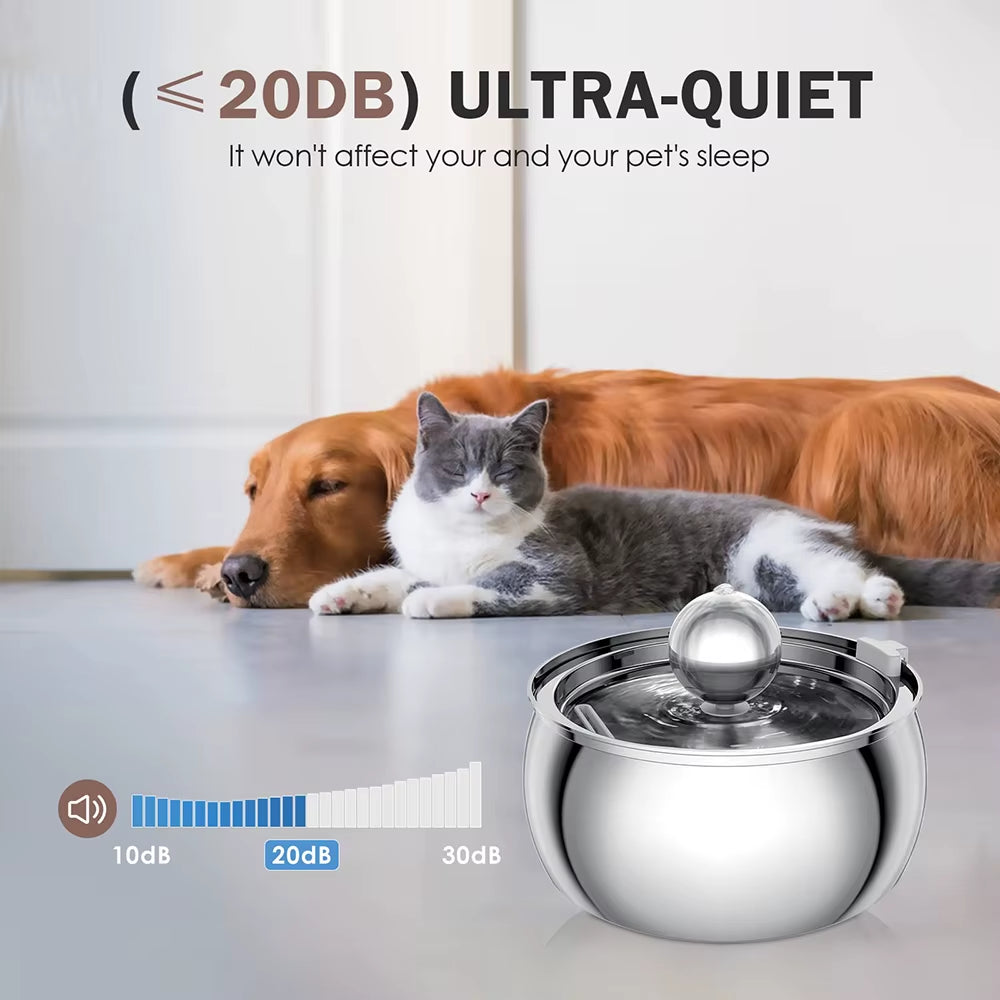 Dog and cat lying on a surface with a ultra-quiet pet water fountain in the foreground.