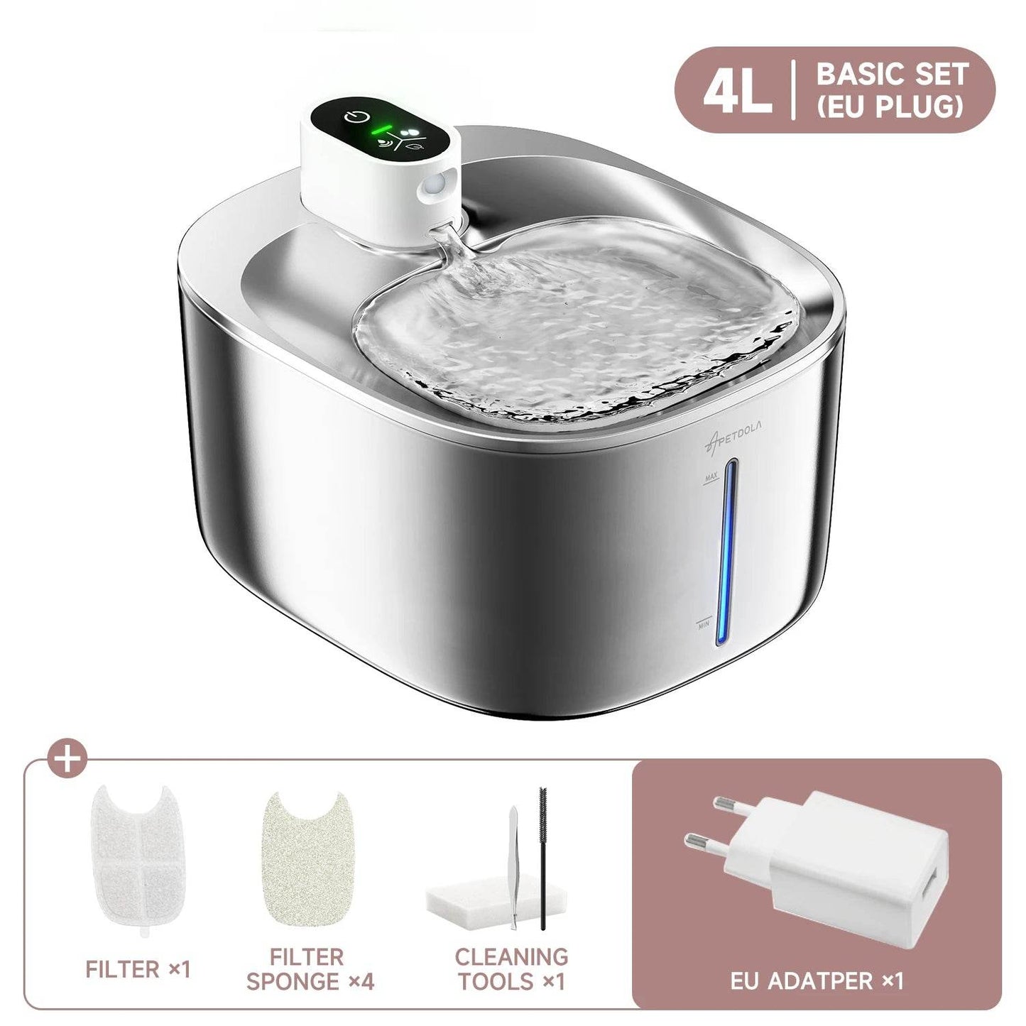 Pet water fountain with accessories on a white background