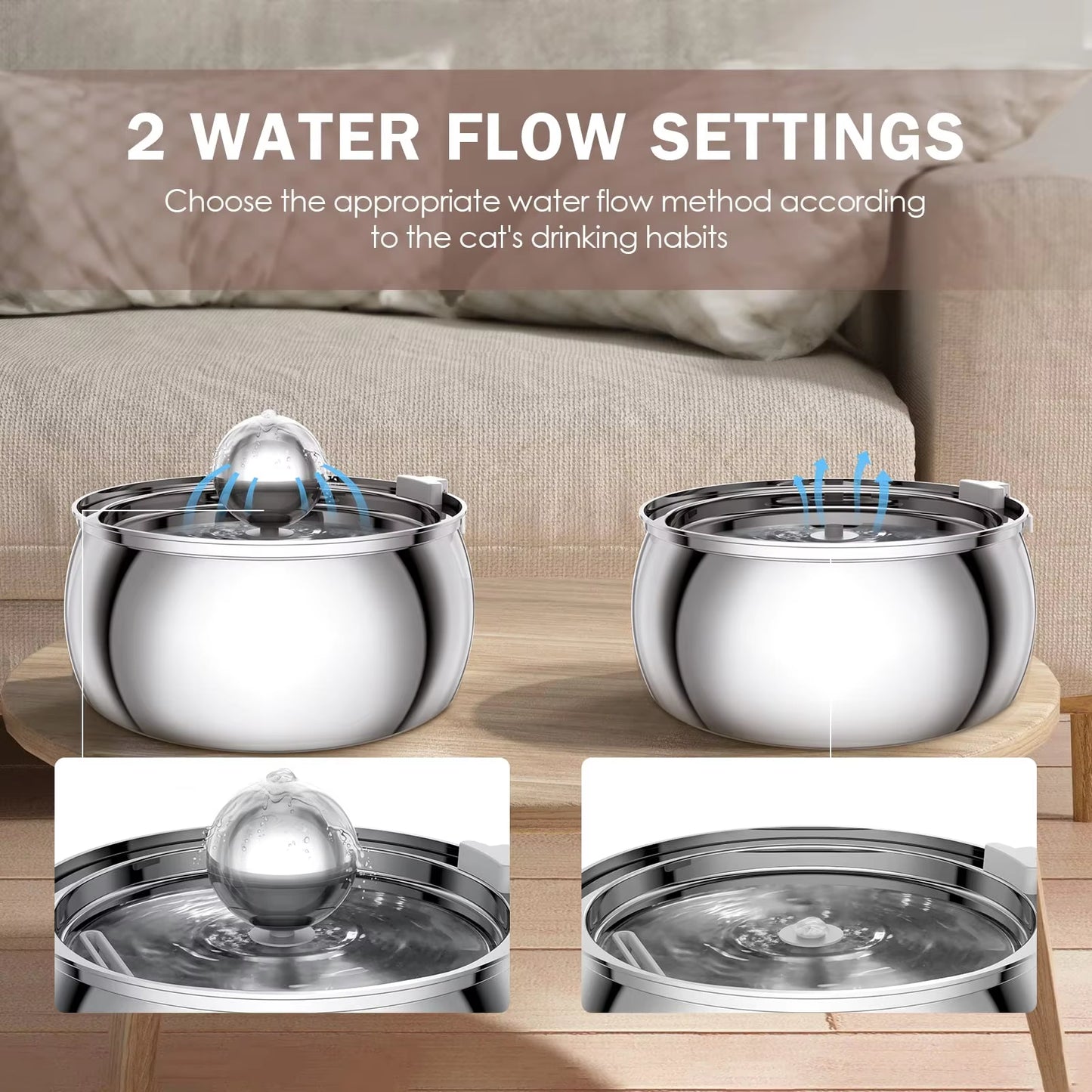 Two stainless steel pet water fountains on a wooden surface with a couch in the background.