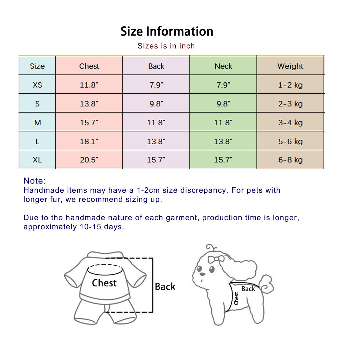 Size chart for pet clothing with measurements in inches and weight capacity.
