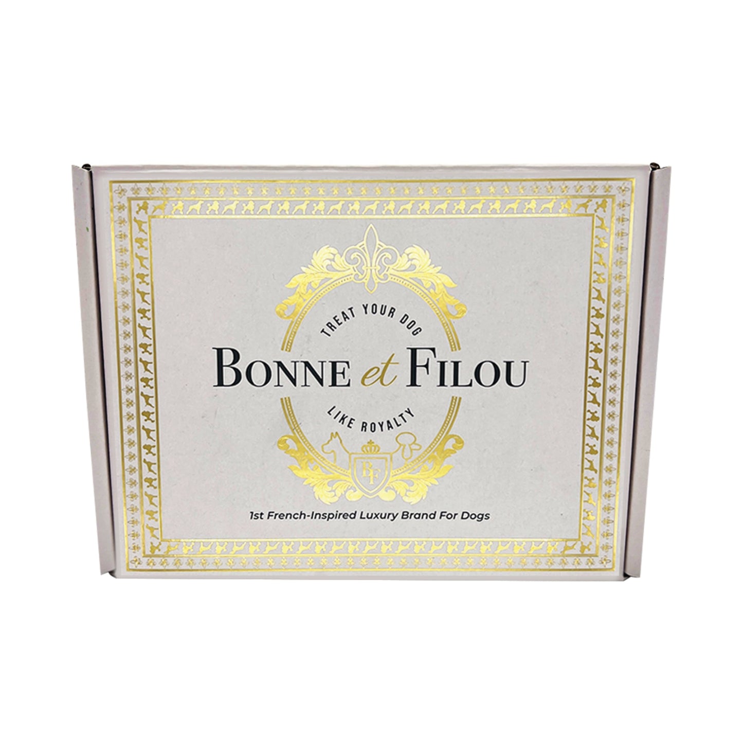 Bonne et Filou packaging box with gold decorative elements on a white background