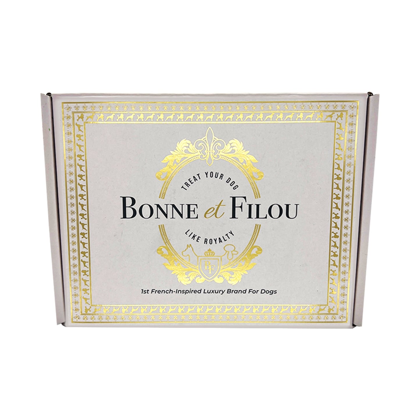 Bonne et Filou packaging box with gold decorative elements on a white background