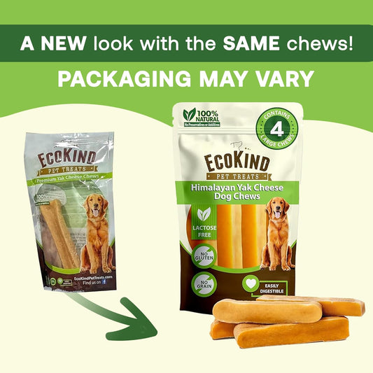 Two packages of EcoKind Pet Treats with dog treats on a green and beige background.