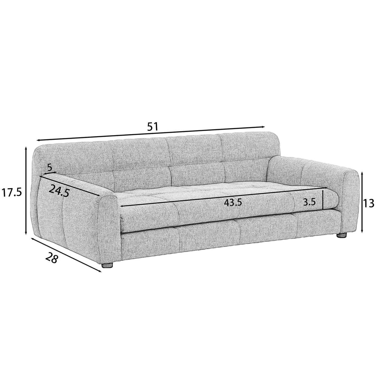 Gray sofa with dimensions labeled on a white background