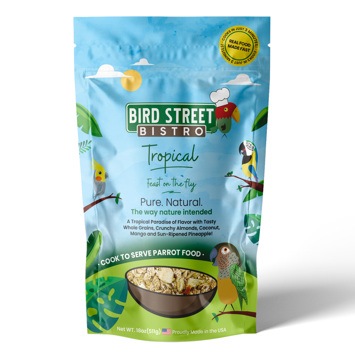 Bird Street Bistro Tropical parrot food package on a white background